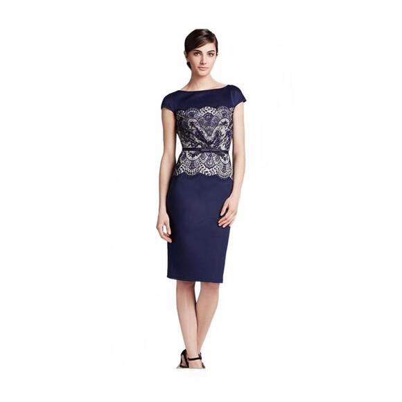 Tadashi Shoji Elegant Black Cocktail Dress with Lace Detail Boat Neck Size 4 - Picture 1 of 8
